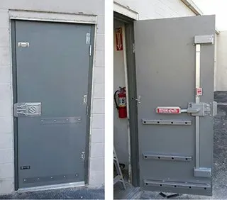 Picture of the front and back side of a commercial steel door featuring a rim-panic alarm exit